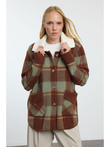 Trendyol Brown Premium Quality Plaid Coat-Look Knitwear Cardigan