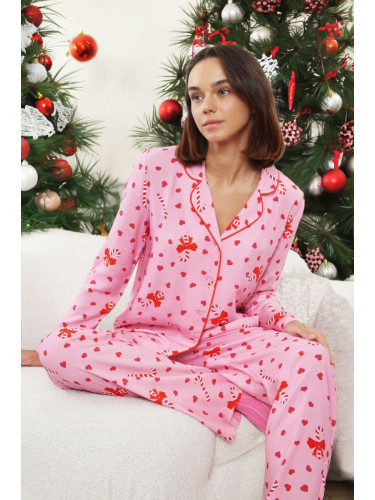 Trendyol Pink-Multicolored Heart New Year Themed Viscose Woven Pajamas Set with Piping Detail