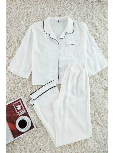 Trendyol White Viscose Shirt-Pants Woven Pajama Set with Piping