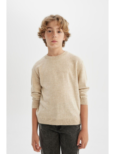 DEFACTO Boy's Ecru Crew Neck Basic Plain Knitwear Sweater