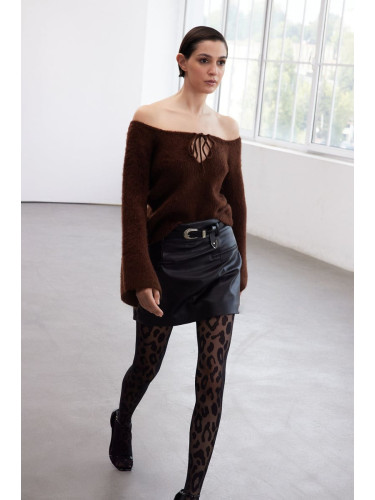 Trendyol Limited Edition Brown Soft Texture Boat Neck Knit Sweater