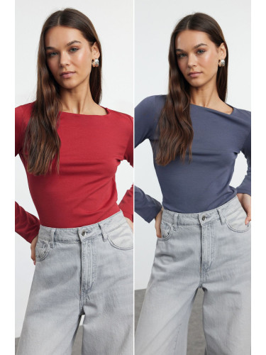 Trendyol Red-Anthracite Double Pack Boat Neck Fitted/Body-Smoothing Knitted Blouse