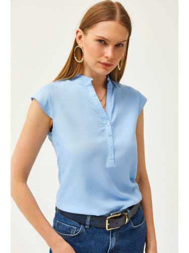 Olalook Women's Baby Blue V-Neck 4-Button Viscose Blouse