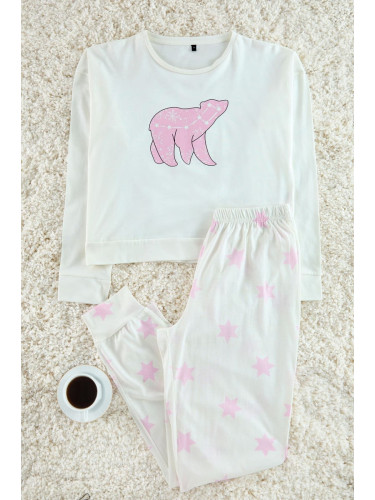 Trendyol Pink-Ecru 100% Cotton Star Patterned Knitted Pajama Set