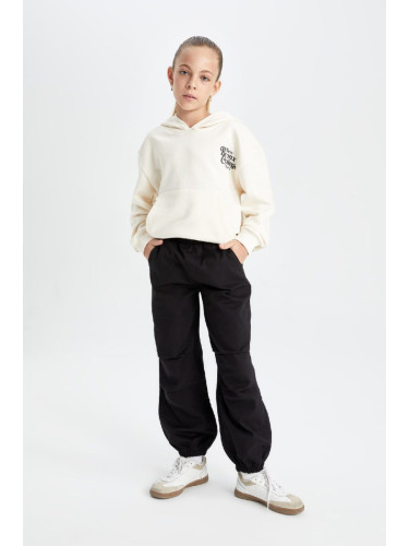 DEFACTO Girls Cotton Black Parachute Trousers with Elastic Waist and Leg Pockets