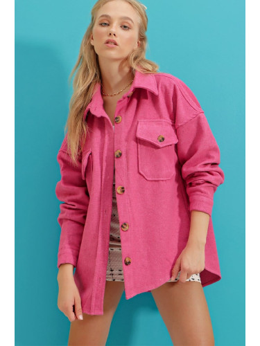 Trend Alaçatı Stili Women's Fuchsia Cachet Cotton Oversized Jacket Shirt