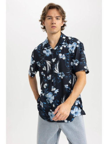 DEFACTO Regular Fit Open Collar Patterned Combed Cotton Short Sleeve Shirt