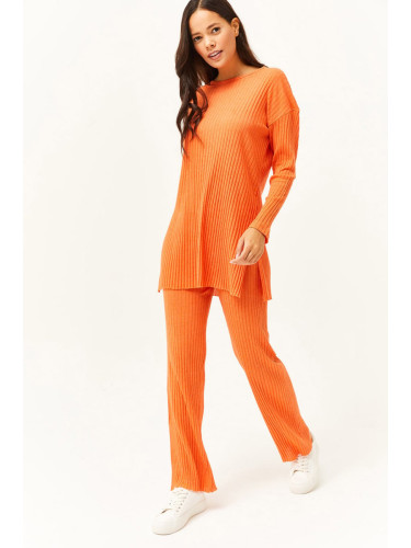 Olalook Women's Orange Top Slit Blouse Bottom Palazzo Ribbed Suit