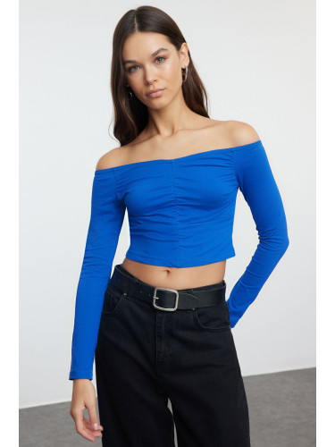 Trendyol Sax Ruffle/Drape Detailed Carmen Collar Crop/Short Fitted/Closed Knitted Blouse