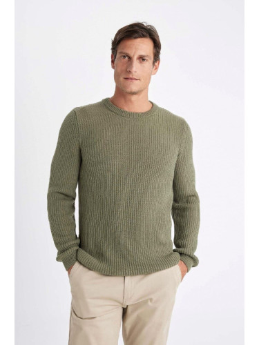 DEFACTO Khaki Standard Fit Regular Cut Crew Neck Textured Knitwear Sweater