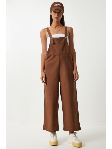 Happiness İstanbul Women's Brown Strappy Thin Gabardine Summer Gardener Overalls