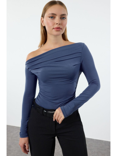 Trendyol Indigo Gathered/Draped Detailed Fitted/Fits the Body Long Sleeve Flexible Knitted Blouse