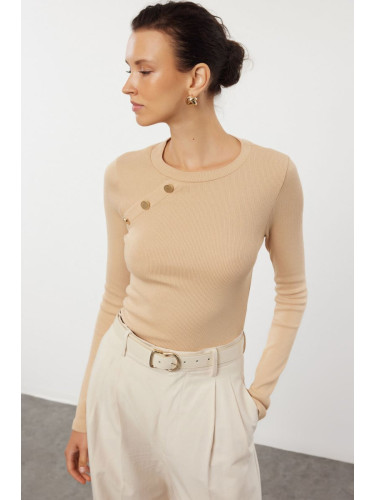 Trendyol Mink Fitted Raglan Sleeve Stretchy Knitted Blouse with Snap Detail