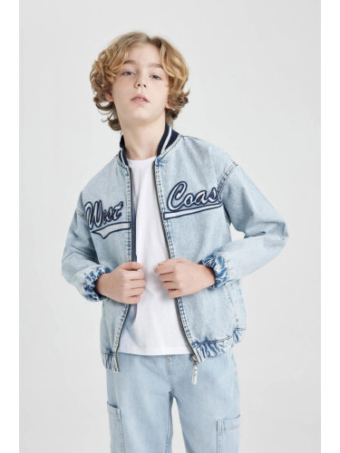 DEFACTO Boys College Collar Zipper Closure Pocket Seasonal Lightweight Printed Jean Bomber Jacket