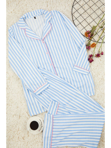 Trendyol Curve Blue Striped Piping Shirt Collar Knitted Pajamas Set