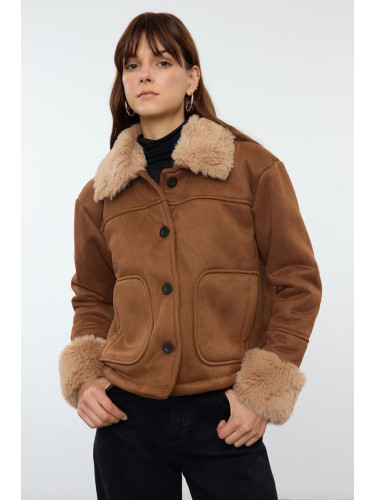 Trendyol Brown Regular Fit Plush Detailed Suede Coat