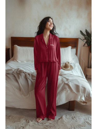 Trendyol Burgundy Rose Accessory Detailed Viscose Woven Pajama Set