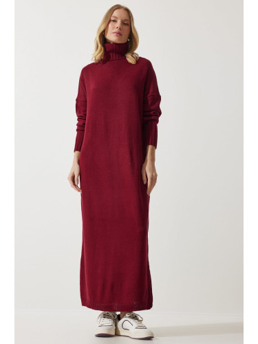 Happiness İstanbul Women's Burgundy Turtleneck Slit Oversize Knitwear Dress