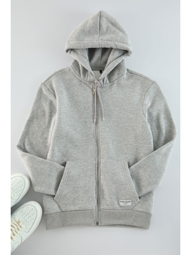 Trendyol Grey Melange Regular Fit Hooded Zippered Label Applique Thick Sweatshirt