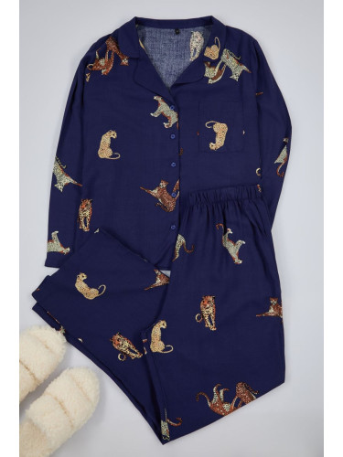 Trendyol Curve Navy Blue Tiger Pattern Shirt Collar Woven Pajama Set