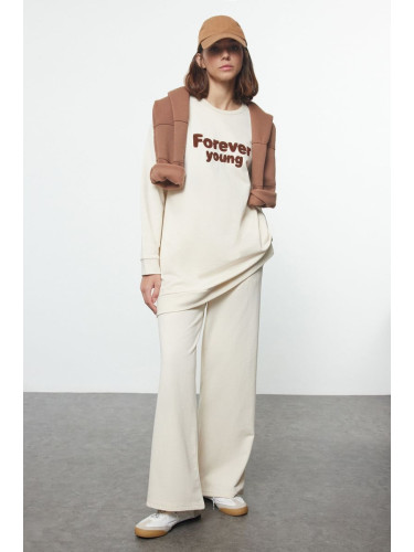 Trendyol Beige Slogan Printed Soft Fluffy Knitted Tracksuit