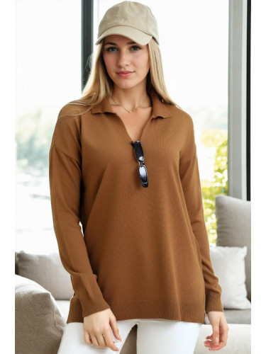 83295 Dewberry Polo Neck Long Sleeve Slit Sweater-BROWN