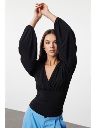 Trendyol Black Double Breasted Gathering/Drape Detailed Long Sleeve Stretchy Knitted Blouse