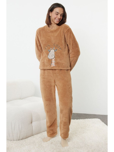 Trendyol Light Brown Animal Embroidered Wellsoft Winter Knitted Pajama Set