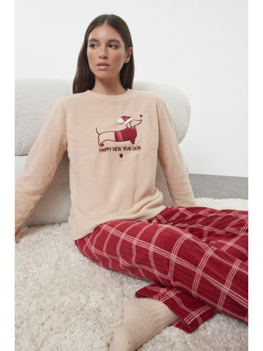 Trendyol Salmon Plaid Christmas Themed Polar Fleece Winter Knitted Pajama Set