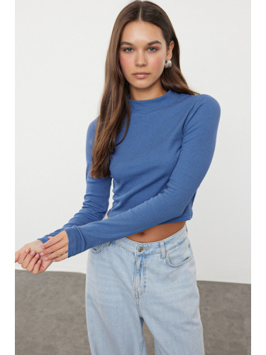 Trendyol Indigo Faded Effect Fitted/Fits the Body Crop Stand Collar Elastic Knitted Blouse