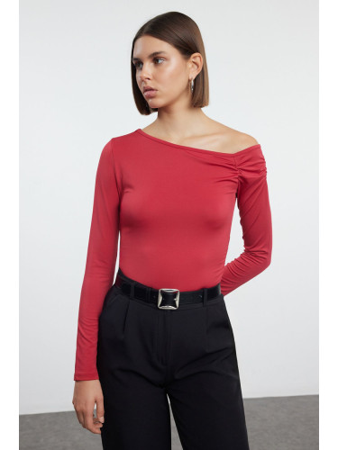 Trendyol Red Fitted Asymmetrical Collar Flexible Snap Fastener Knitted Bodysuit