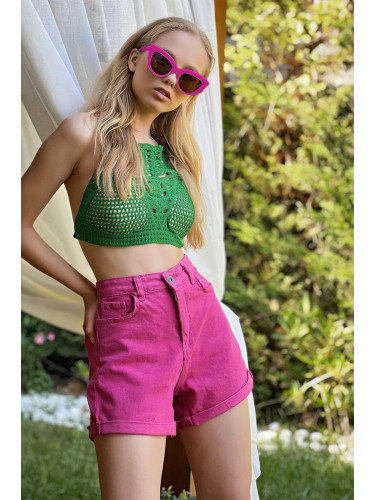 Trend Alaçatı Stili Women's Fuchsia Double Leg High Waist Denim Shorts