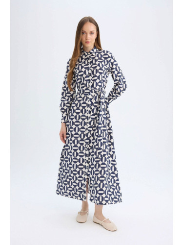 DEFACTO Shirt Collar Patterned Buttoned Belted Long Sleeve Maxi Dress