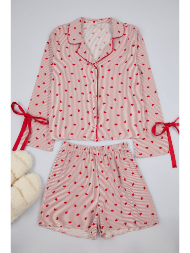 Trendyol Pink-Red Lined Tie/Bow and Piping Detailed Viscose Woven Pajama Set