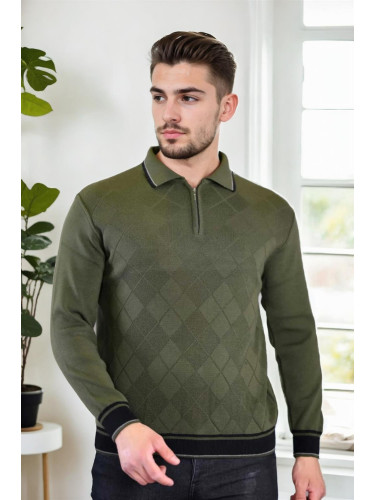 66492 Dewberry Zippered Polo Neck Knit Mens Sweater-KHAKI