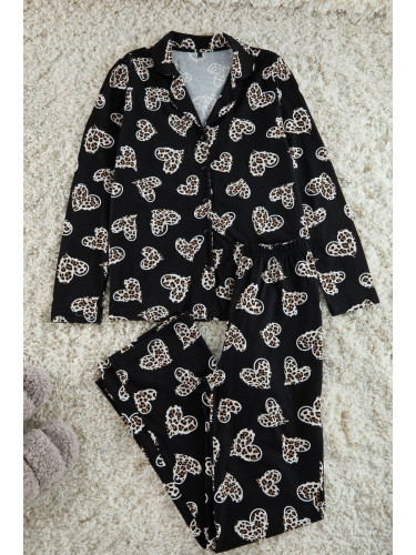 Trendyol Black 100% Cotton Leopard Heart Patterned Shirt Pants Knitted Pajama Set