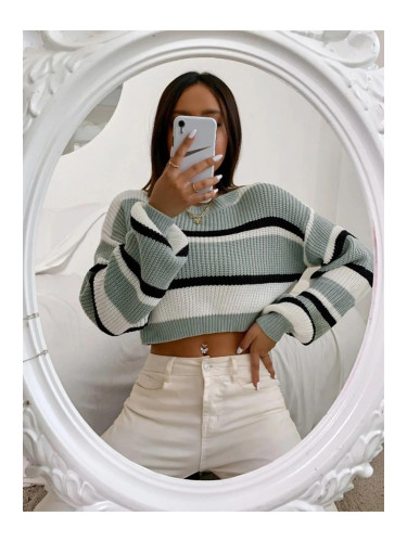 49425 Dewberry Striped Knit Crop Women Sweater-LIGHT GREEN