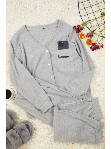 Trendyol Curve Gray Corded Embroidered Knitted Pajama Set