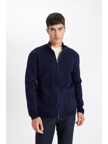 DEFACTO Men's Navy Blue Comfort Regular Fit Relaxed Cut Stand Collar Pocket Zippered Cardigan