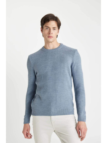 DEFACTO Blue Standard Fit Regular Cut Crew Neck Waffle Textured Knitwear Sweater