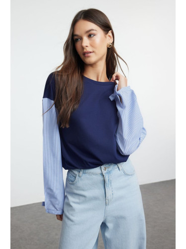 Trendyol Navy Blue Poplin Detailed Relaxed Knitted Blouse