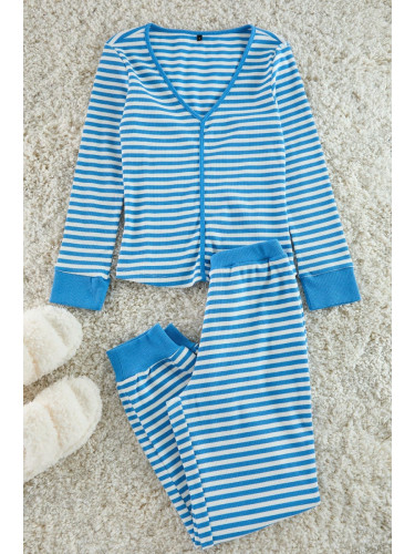 Trendyol Light Blue Striped Cuff and Piping Detailed Tshirt-Jogger Knitted Pajama Set