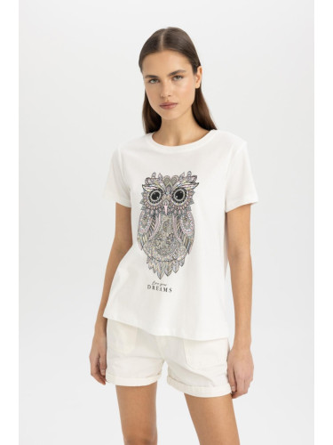 DEFACTO Regular Fit Crew Neck Owl Patterned Combed Cotton Short Sleeve T-Shirt