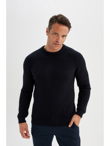 DEFACTO Navy Blue Standard Fit Regular Cut Crew Neck Textured Knitwear Sweater