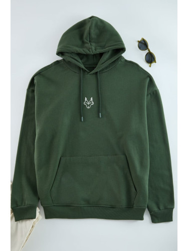 Trendyol Khaki Regular/Normal Cut Hooded Polar Fleece Inside Wolf Embroidered Sweatshirt