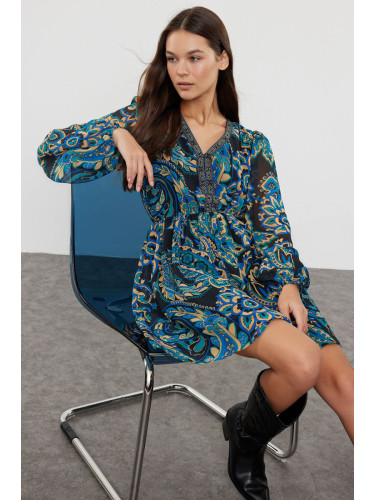 Trendyol Green Floral Patterned Waist Opening Gipel Lined Mini Woven Dress