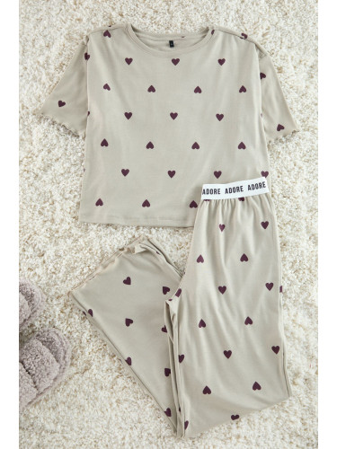 Trendyol Mint Heart Patterned Slogan Elastic Detailed Ribbed Knitted Pajama Set