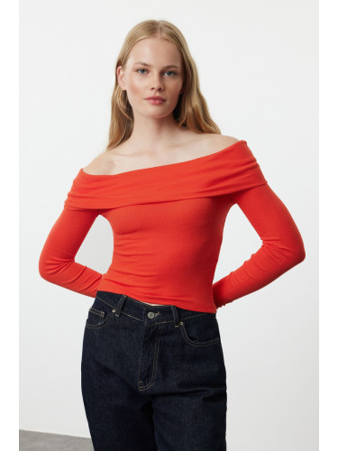 Trendyol Red Carmen Collar Crop/Short Stretchy Knitted Blouse