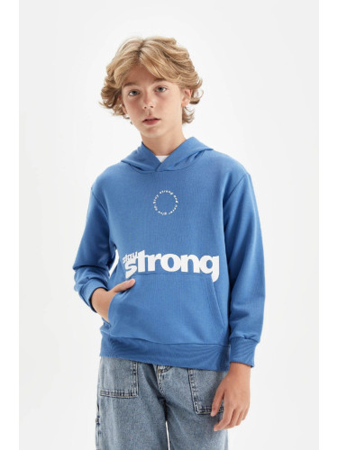 DEFACTO Boy Blue Text Printed Pocket Hooded School Sweatshirt