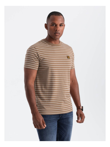 Men's striped t-shirt with Ombre Design patch - brown and white